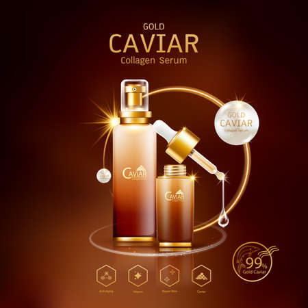 Gold Caviar Collagen Serum and Vitamin Background Vector for Skin Care Products.のイラスト素材