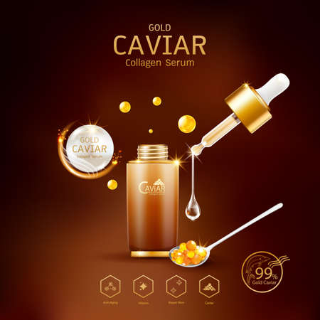 Gold Caviar Collagen Serum and Vitamin Background Vector for Skin Care Products.のイラスト素材