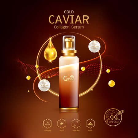 Gold Caviar Collagen Serum and Vitamin Background Vector for Skin Care Products.のイラスト素材