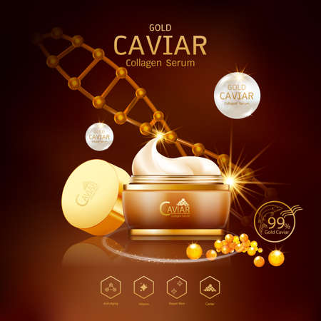 Gold Caviar Collagen Serum and Vitamin Background Vector for Skin Care Products.のイラスト素材