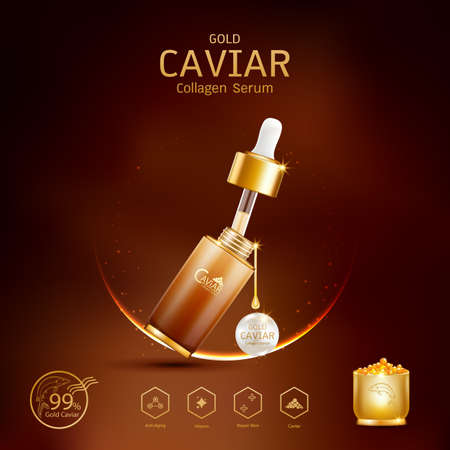 Gold Caviar Collagen Serum and Vitamin Background Vector for Skin Care Products.のイラスト素材