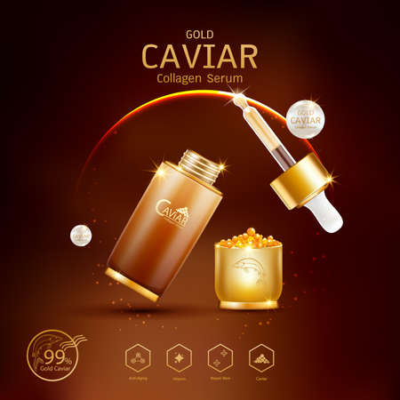 Gold Caviar Collagen Serum and Vitamin Background Vector for Skin Care Products.のイラスト素材