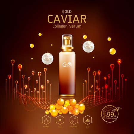 Gold Caviar Collagen Serum and Vitamin Background Vector for Skin Care Products.のイラスト素材