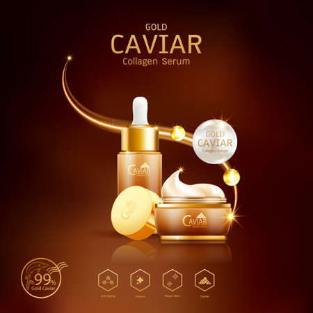 Gold Caviar Collagen Serum and Vitamin Background Vector for Skin Care Products.のイラスト素材