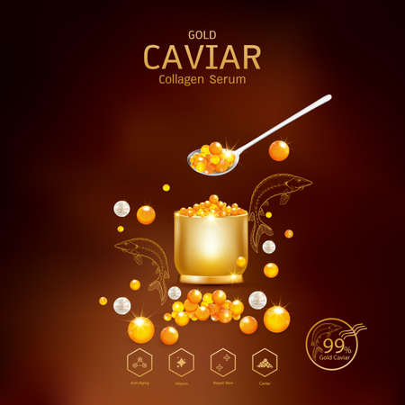 Gold Caviar Collagen Serum and Vitamin Background Vector for Skin Care Products.のイラスト素材