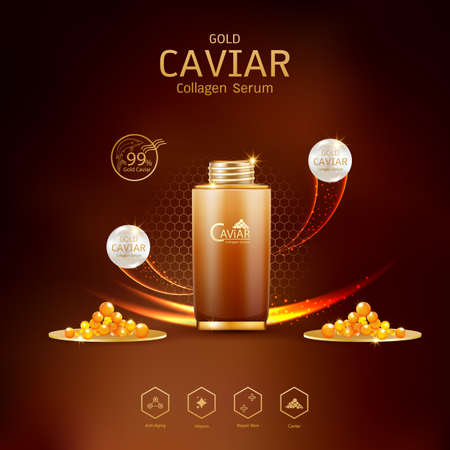 Gold Caviar Collagen Serum and Vitamin Background Vector for Skin Care Products.のイラスト素材