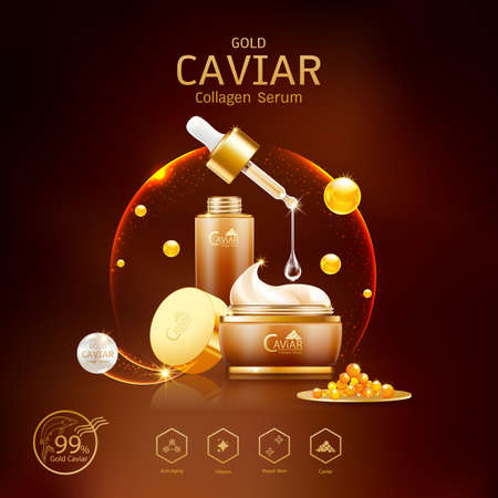 Gold Caviar Collagen Serum and Vitamin Background Vector for Skin Care Products.のイラスト素材