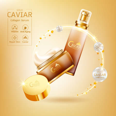 Gold Caviar Collagen Serum and Vitamin Background Vector for Skin Care Products.のイラスト素材