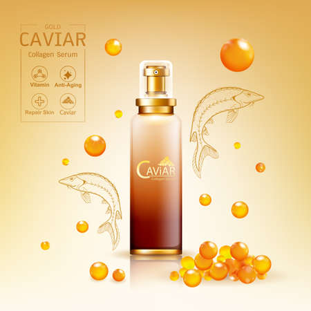 Gold Caviar Collagen Serum and Vitamin Background Vector for Skin Care Products.のイラスト素材