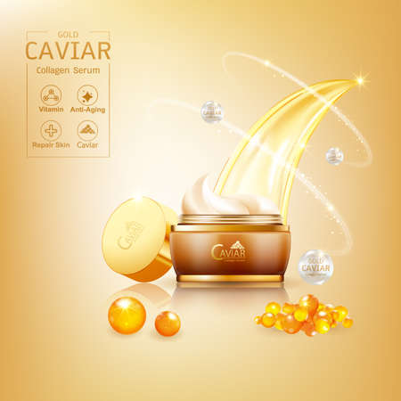 Gold Caviar Collagen Serum and Vitamin Background Vector for Skin Care Products.のイラスト素材