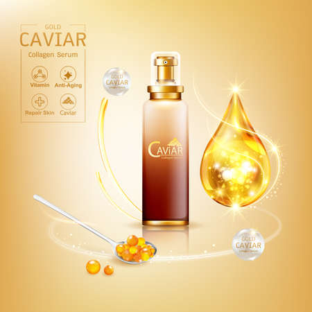 Gold Caviar Collagen Serum and Vitamin Background Vector for Skin Care Products.のイラスト素材