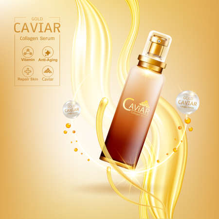 Gold Caviar Collagen Serum and Vitamin Background Vector for Skin Care Products.のイラスト素材