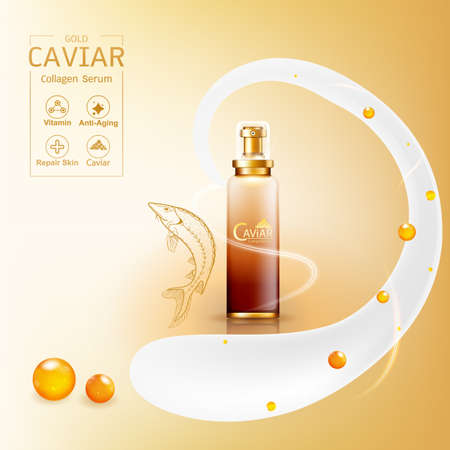 Gold Caviar Collagen Serum and Vitamin Background Vector for Skin Care Products.のイラスト素材