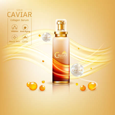 Gold Caviar Collagen Serum and Vitamin Background Vector for Skin Care Products.のイラスト素材
