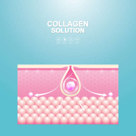 Collagen Solution Serum Drop and Vitamin Background Skin Care Cosmetic concept.のイラスト素材