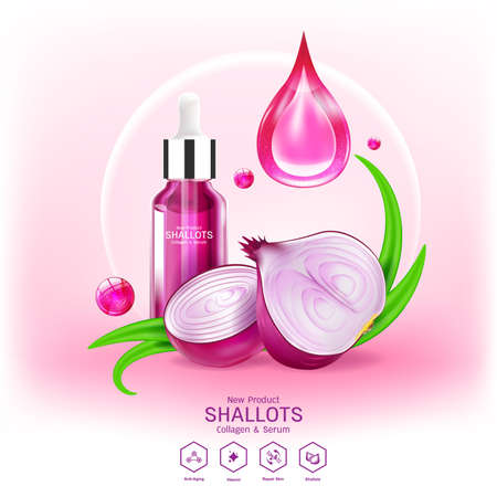 Shallots Extract for Skin Care, Collagen Serum and Vitamin Vector Concept Background Cosmetic Products.のイラスト素材