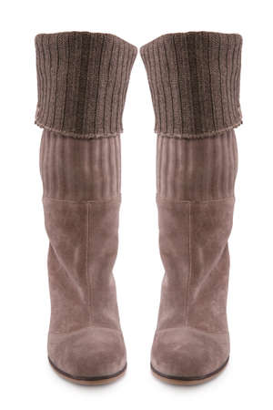 Female leather boot on a thick sole isolated on whiteの写真素材