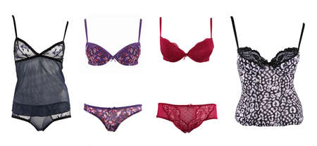 Collection of various types of female lingerie isolated on whiteの写真素材