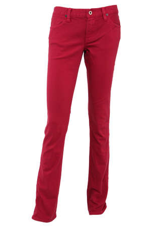 Red female jeans trousers, isolated on whiteの写真素材