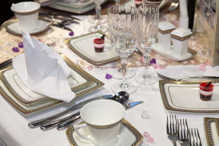 Elegant table set for a wedding dinnerの写真素材