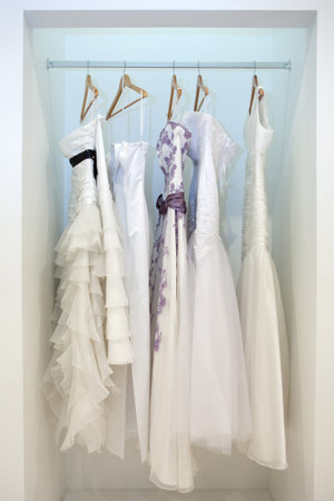 Collection of wedding dresses in the shopの写真素材