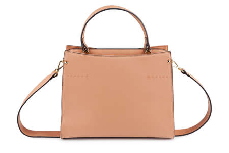 Woman's beige hand bag with shadow, isolated on whiteの写真素材