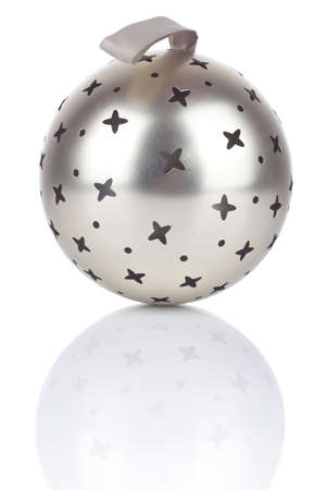 Silver Christmas ball with stars isolated on whiteの写真素材