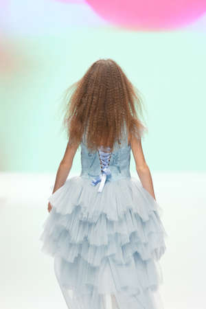 Little girl with blonde hair in blue tulle dress, back viewの写真素材