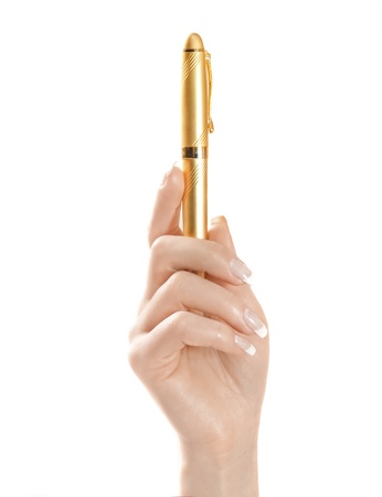 Woman hand hold pen on white isolatedの写真素材