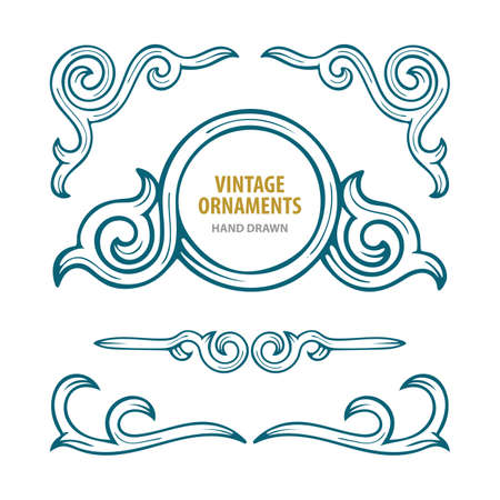 Vintage ornamets set. Hand drawn engraved style floral vector decorative elements.のイラスト素材
