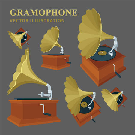 Vintage gramophone and vinyl records illustrations set. Realistic flat style gramophone and vinyl records icons. Old gramophones in different views isolated on white background. Retro music concept.のイラスト素材