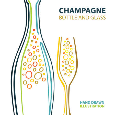 Champagne. Champagne and glass stylized vector illustration. Sparkling champagne bottle and glass hand drawing abstract design.のイラスト素材