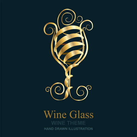 Wine glass logo and icon. Wine aroma and bouquet. Golden grapes stem and ribbons. Hand drawn wine theme design template.のイラスト素材