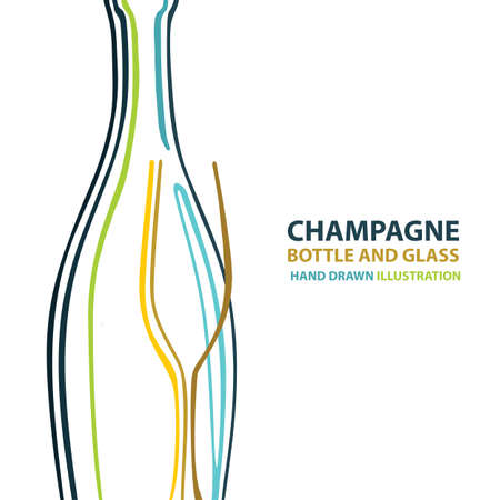 Champagne. Champagne and glass stylized vector illustration. Sparkling champagne bottle and glass hand drawing abstract design.のイラスト素材