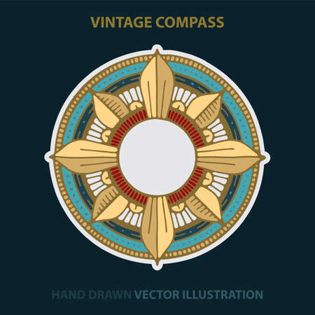 Compass Wind Rose. Hand drawn vintage compass vector illustration. Compass sketch drawing icon.のイラスト素材