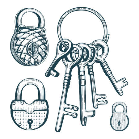 Bunch of vintage keys and padlocks. Locks and keys illustrations set. Old style sketch drawing padlocks and keys bunch collection.のイラスト素材