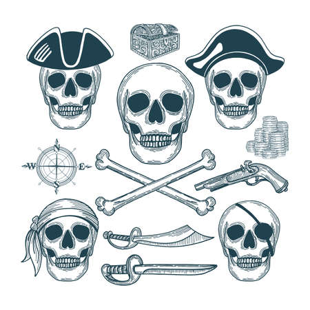 Skull Pirate Skull. Skull with pirate attributes. Pirate vintage style drawing symbolic.のイラスト素材