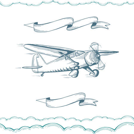 Airplane Hand drawn biplane illustration with advertising banners. Aeroplane sketch drawing. Part of set.のイラスト素材