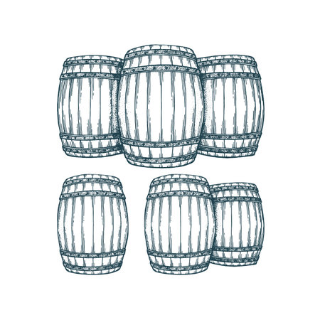 Barrel. Oak barrel hand drawn vector illustrations set. Wooden keg sketch drawing label.