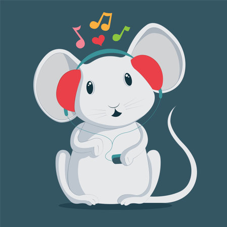Mouse Cute mouse cartoon character. Mouse with headphones and music notes. Listen to music metaphor illustration. Part of set.のイラスト素材