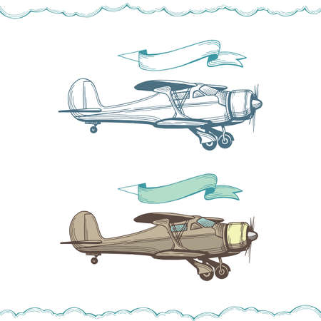 Airplane Hand drawn biplane illustration with advertising banners. Aeroplane sketch drawing. Part of set.のイラスト素材