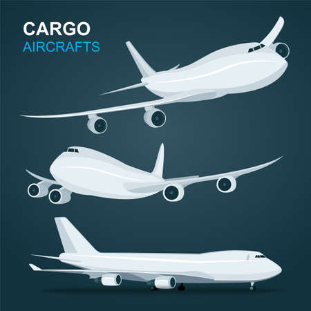 Cargo aircraft set. Airplane in profile, side view, from the front and top view isolated vector illustration. Part of set.のイラスト素材