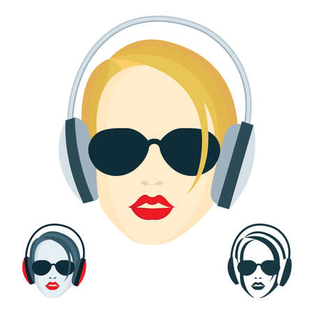 Young girl with headphones. Girl face with dark glasses and headphones vector illustrations set. Musical theme vector illustration, logo and icons set.のイラスト素材