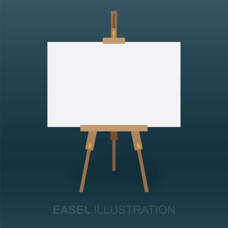 Easel and canvas. Wooden easel and white canvas vector illustration. Front view of easel with blank canvas for painting. Part of set.のイラスト素材