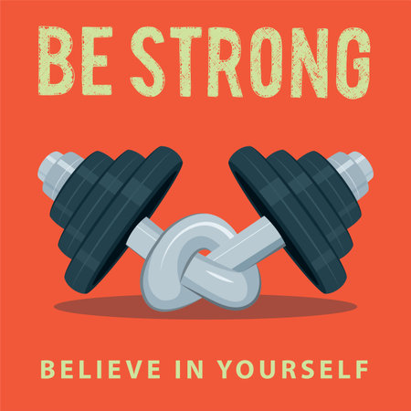 Dumbbell Twisted dumbbell with text. Be strong, believe in yourself. Dumbbell vector illustration. Weights twisted in a knot. Part of set.のイラスト素材