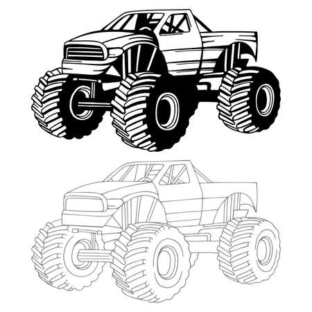 Monster truck. Off-road truck hand drawn vector illustrations set. Monster truck sketch drawing.のイラスト素材
