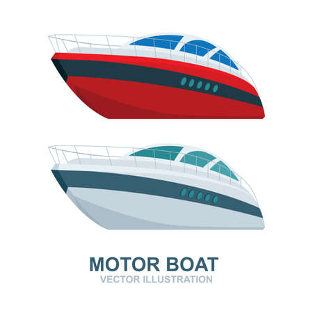 Speed motor boat. Luxury speed boat vector illustration. White yacht graphic. Part of set.のイラスト素材