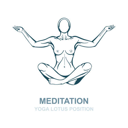 Hand drawn woman in yoga pose isolated on white background. Meditation concept vector illustration. Yoga lotus position  .のイラスト素材