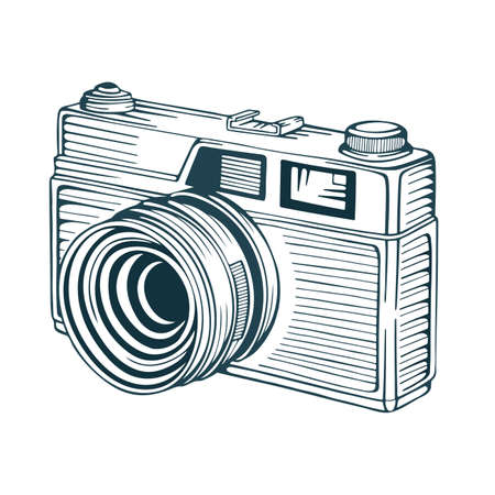 Vintage film camera. Hand drawn retro style photo camera vector illustration isolated on white. Part of set.のイラスト素材