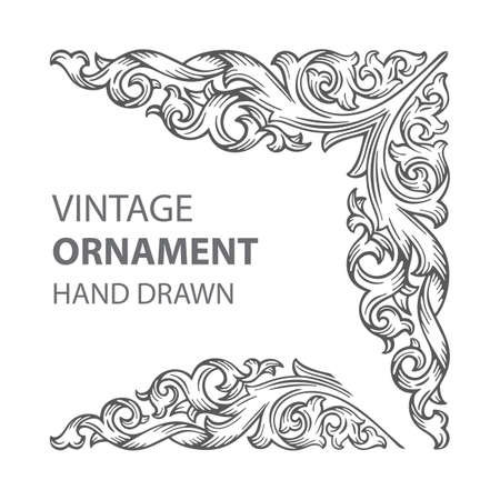 Vintage baroque victorian corner ornament. Hand drawn retro style floral scroll frame ornament. Part of set.のイラスト素材